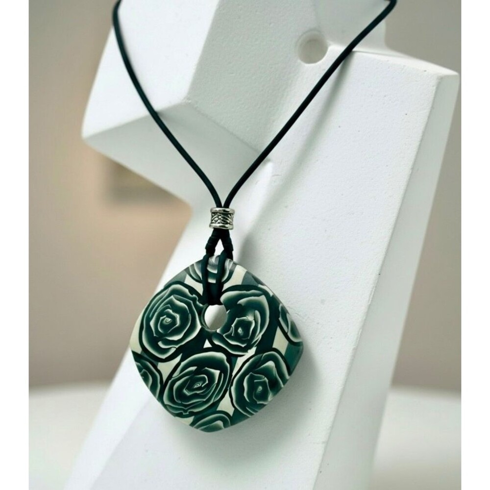 Handmade Black Rose Floral Polymer Clay Statement Botanical Pendant Necklace
